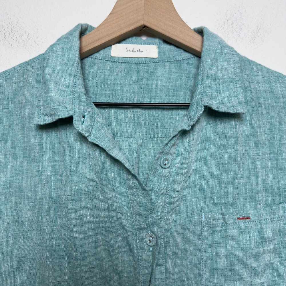 Studio Clip‎ Japanese Women 100% Linen Roll Tab 3/4 Sleeve Button Down Tunic Top - Picture 2 of 7